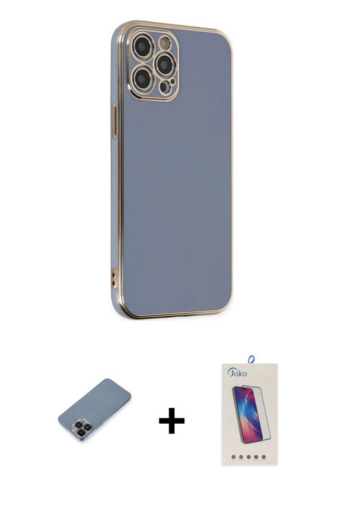 iPhone 12 Pro Max Kılıf Yankı Serisi - Siyah Joko 5D Cam + Siyah Metal Kamera Lens Koruma Cam