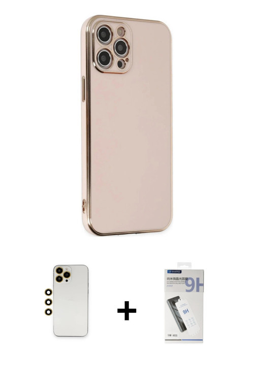 iPhone 12 Pro Max Kılıf Yankı Serisi - Şeffaf Uv Polymer Nano Ekran Koruyucu + Gold Shine Kamer