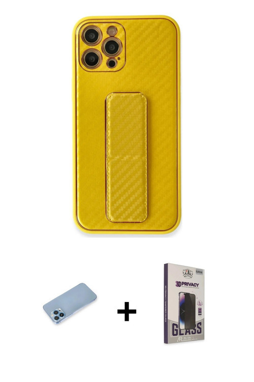 iPhone 12 Pro Max Kılıf Yörünge Yansıma - Siyah Bilvis Hayalet Cam Ekran Koruyucu + Mavi Shine