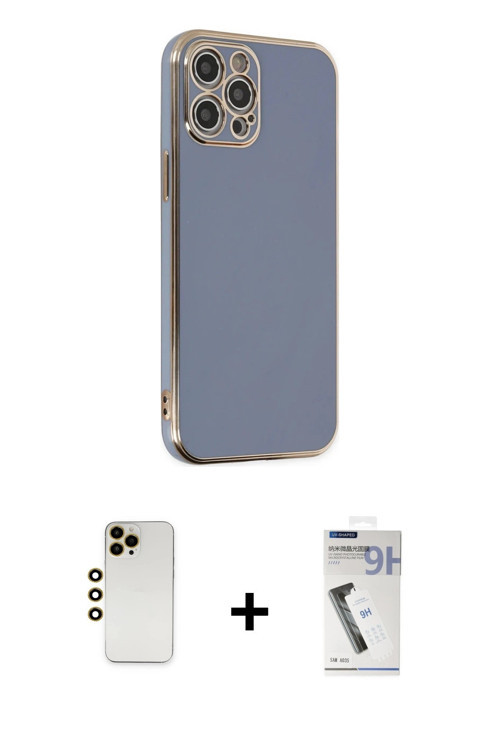 iPhone 12 Pro Max Kılıf Yankı Serisi - Şeffaf Uv Polymer Nano Ekran Koruyucu + Gold Shine Kamer