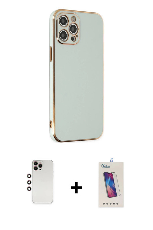 iPhone 12 Pro Max Kılıf Yankı Serisi - Siyah Joko 5D Cam + Gökkuşağı Shine Kamera Lens
