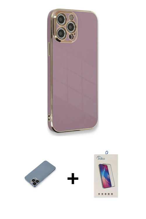 iPhone 12 Pro Max Kılıf Yankı Serisi - Siyah Joko 5D Cam + Siyah Metal Kamera Lens Koruma Cam