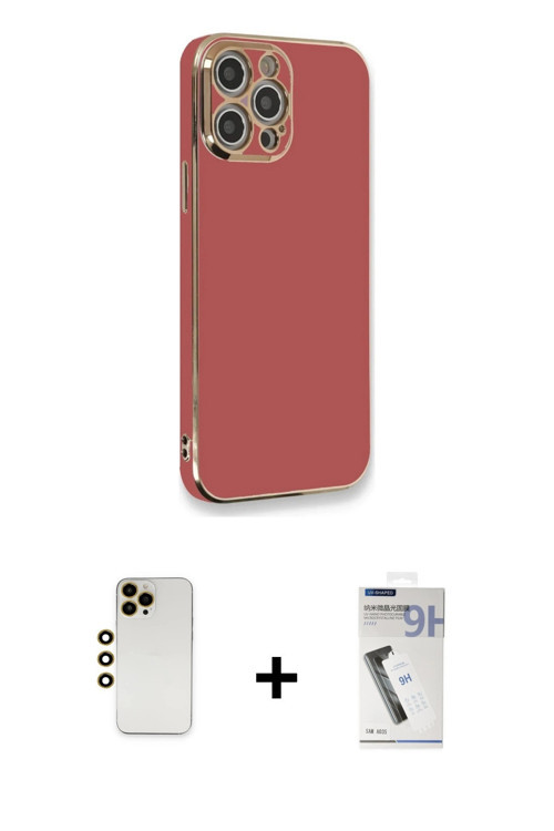 iPhone 12 Pro Max Kılıf Yankı Serisi - Şeffaf Uv Polymer Nano Ekran Koruyucu + Gold Shine Kamer