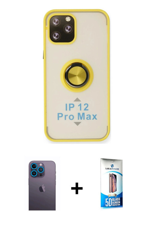 iPhone 12 Pro Max Kılıf Yörünge Çizgi - Siyah 5D Eko Cam Ekran Koruyucu + Mavi Neon Fosforlu Ka
