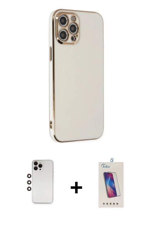 iPhone 12 Pro Max Kılıf Yankı Serisi - Siyah Joko 5D Cam + Gökkuşağı Shine Kamera Lens