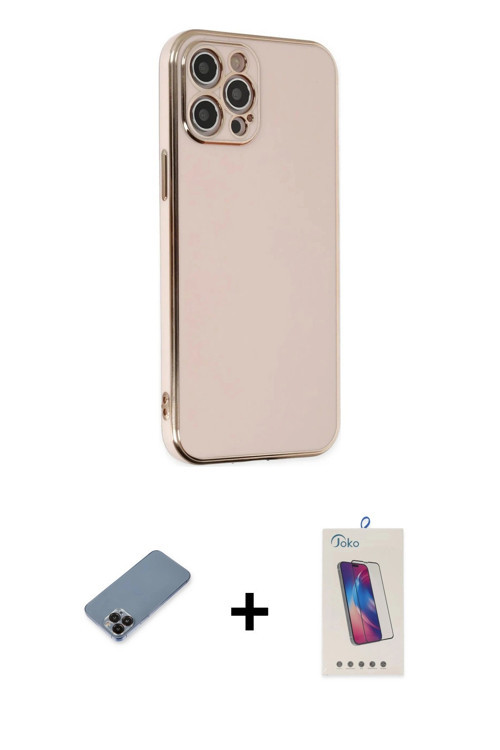 iPhone 12 Pro Max Kılıf Yankı Serisi - Siyah Joko 5D Cam + Siyah Metal Kamera Lens Koruma Cam