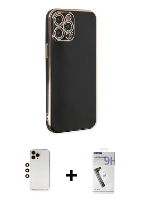 iPhone 12 Pro Max Kılıf Yankı Serisi - Şeffaf Uv Polymer Nano Ekran Koruyucu + Gold Shine Kamer