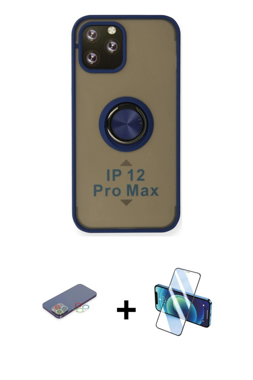 iPhone 12 Pro Max Kılıf Yörünge Çizgi - Siyah 3D Antistatik Seramik Nano Ekran Koruyucu + Mavi