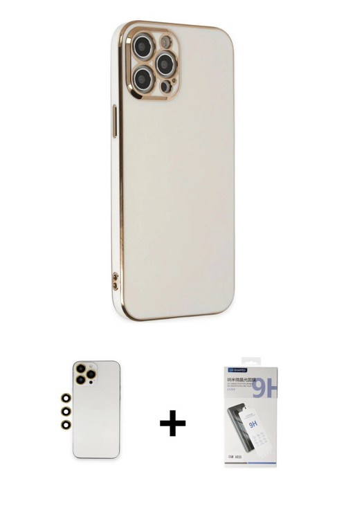 iPhone 12 Pro Max Kılıf Yankı Serisi - Şeffaf Uv Polymer Nano Ekran Koruyucu + Gold Shine Kamer