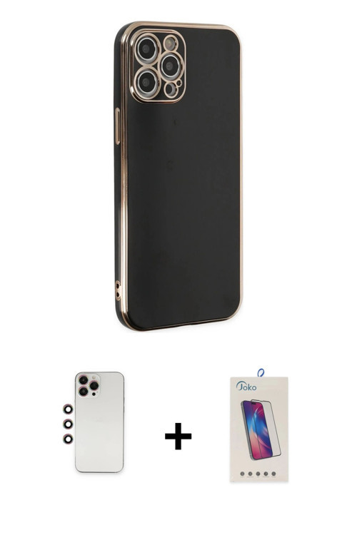 iPhone 12 Pro Max Kılıf Yankı Serisi - Siyah Joko 5D Cam + Gökkuşağı Shine Kamera Lens