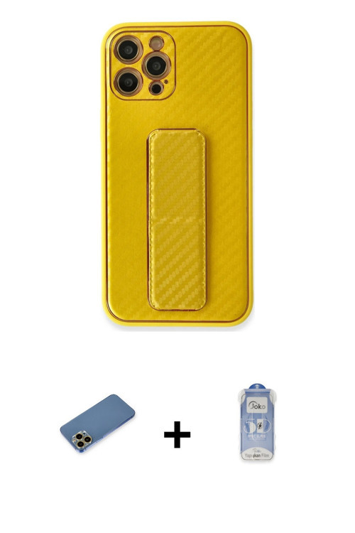 iPhone 12 Pro Max Kılıf Yörünge Yansıma - Siyah Joko Magic 5D Cam + Gold Shine Kamera Lens Koru