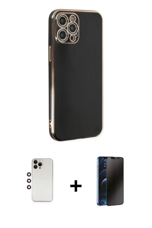 iPhone 12 Pro Max Kılıf Yankı Serisi - Siyah 3D Antistatik Hayalet Cam Ekran Koruyucu + Gökkuşa