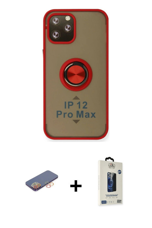 iPhone 12 Pro Max Kılıf Yörünge Çizgi - Siyah Bilvis Hayalet Cam Ekran Koruyucu + Turuncu Renkl