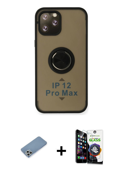 iPhone 12 Pro Max Kılıf Yörünge Çizgi - Şeffaf Temperli Cam Ekran Koruyucu + Gümüş Shine Kamera
