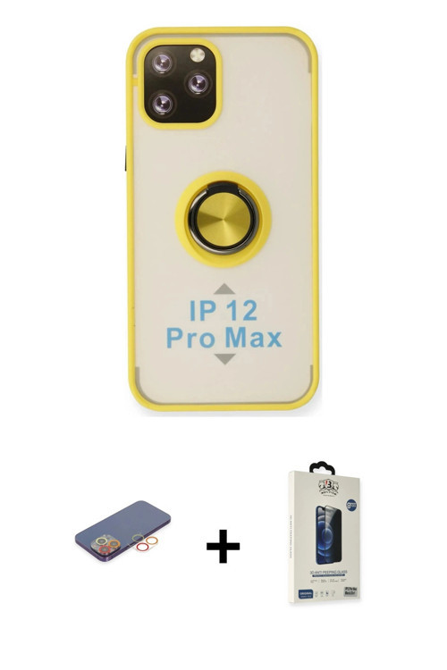 iPhone 12 Pro Max Kılıf Yörünge Çizgi - Siyah Bilvis Hayalet Cam Ekran Koruyucu + Turuncu Renkl