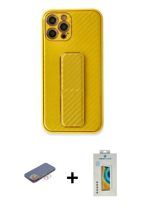 iPhone 12 Pro Max Kılıf Yörünge Yansıma - Siyah Polymer Nano Ekran Koruyucu + Turuncu Renkli Ka