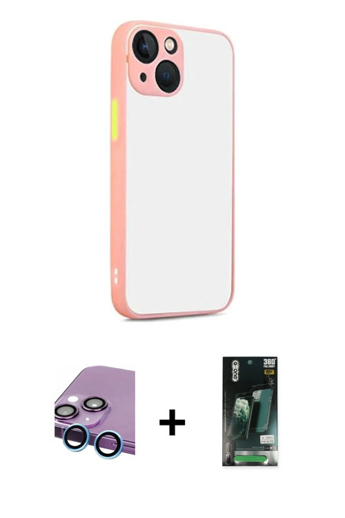 iPhone 13 Kılıf Ahenk Çizgi Serisi - Şeffaf 360 Full Body Arka Koruyucu + Mavi Raze Metal Kamer
