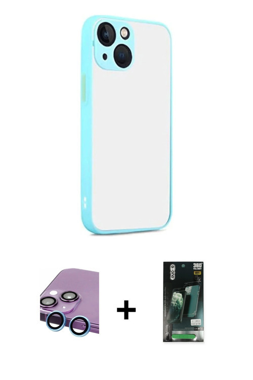 iPhone 13 Kılıf Ahenk Çizgi Serisi - Şeffaf 360 Full Body Arka Koruyucu + Mavi Raze Metal Kamer