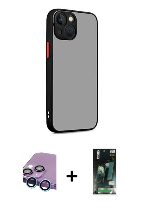 iPhone 13 Kılıf Ahenk Çizgi Serisi - Şeffaf 360 Full Body Arka Koruyucu + Mavi Raze Metal Kamer