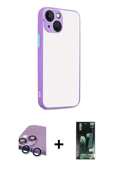 iPhone 13 Kılıf Ahenk Çizgi Serisi - Şeffaf 360 Full Body Arka Koruyucu + Mavi Raze Metal Kamer