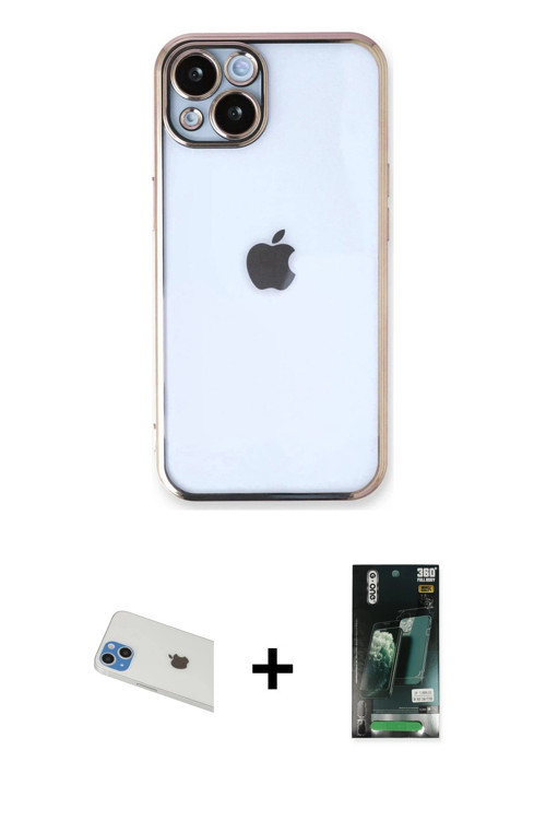 iPhone 13 Kılıf Vadi Minimal - Şeffaf 360 Full Body Arka Koruyucu + Mavi Rainbow Kamera Lens Ko