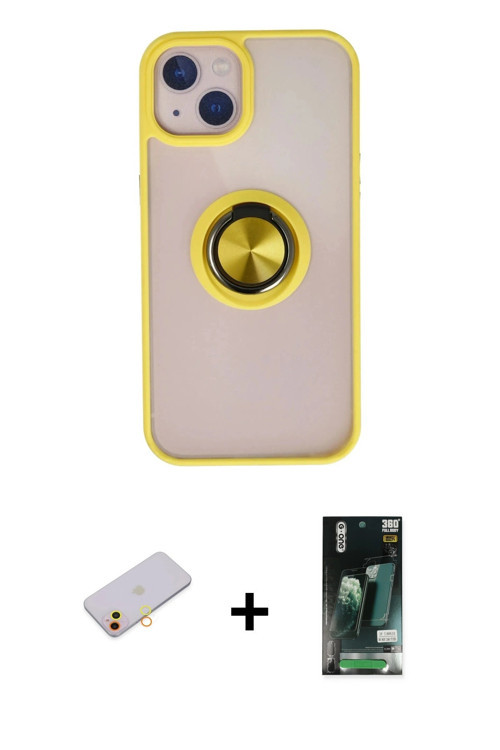 ieg™ iPhone 13 Kılıf Yörünge Çizgi - Şeffaf 360 Full Body Arka Koruyucu + Sarı Renkli Kamera Lens Ko