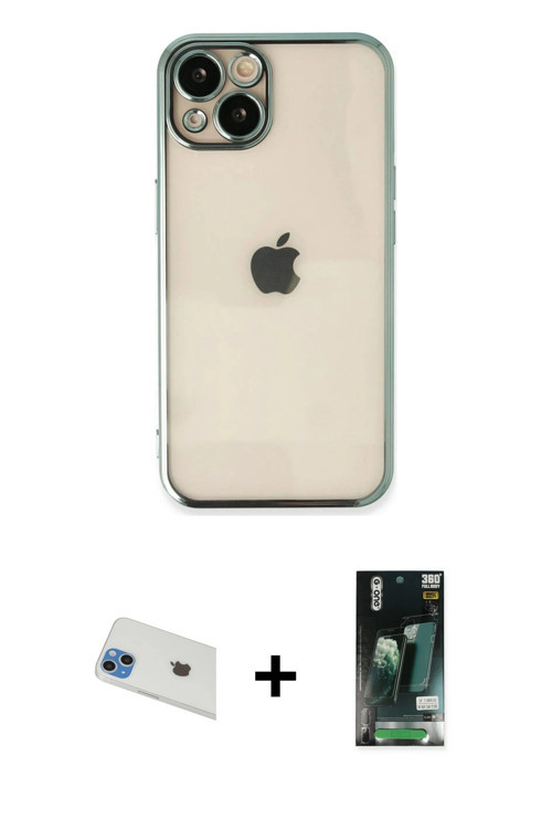 iPhone 13 Kılıf Vadi Minimal - Şeffaf 360 Full Body Arka Koruyucu + Mavi Rainbow Kamera Lens Ko