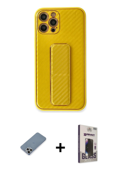 ieg™ iPhone 12 Pro Max Kılıf Yörünge Yansıma - Siyah Bilvis Hayalet Cam Ekran Koruyucu + Gümüş Metal