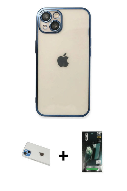 iPhone 13 Kılıf Vadi Minimal - Şeffaf 360 Full Body Arka Koruyucu + Mavi Rainbow Kamera Lens Ko