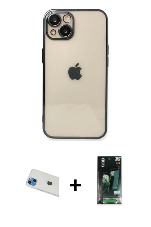 iPhone 13 Kılıf Vadi Minimal - Şeffaf 360 Full Body Arka Koruyucu + Mavi Rainbow Kamera Lens Ko