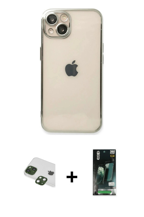 iPhone 13 Kılıf Vadi Minimal - Şeffaf 360 Full Body Arka Koruyucu + Yeşil Pers Alüminyum Kamera