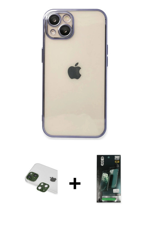 iPhone 13 Kılıf Vadi Minimal - Şeffaf 360 Full Body Arka Koruyucu + Yeşil Pers Alüminyum Kamera