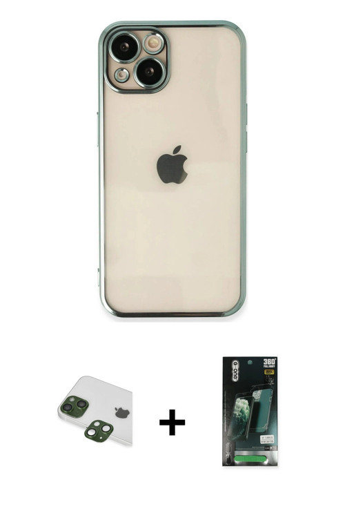 iPhone 13 Kılıf Vadi Minimal - Şeffaf 360 Full Body Arka Koruyucu + Yeşil Pers Alüminyum Kamera