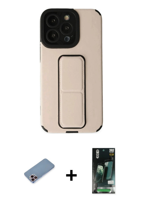 iPhone 13 Pro Kılıf Çekirdek Yansıma - Şeffaf 360 Full Body Arka Koruyucu + Pembe Shine Kamera