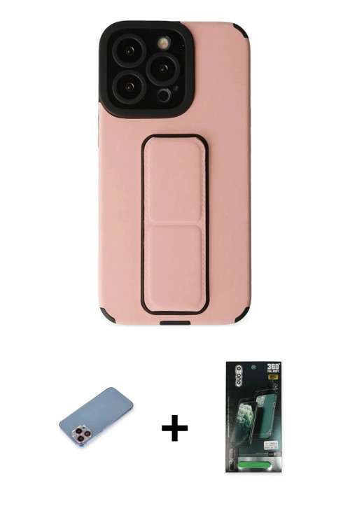 iPhone 13 Pro Kılıf Çekirdek Yansıma - Şeffaf 360 Full Body Arka Koruyucu + Pembe Shine Kamera