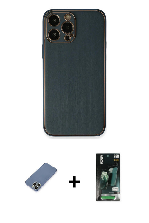 ieg™ iPhone 13 Pro Kılıf Yadigar Klasik - Şeffaf 360 Full Body Arka Koruyucu + Açık Yeşil Metal Kame