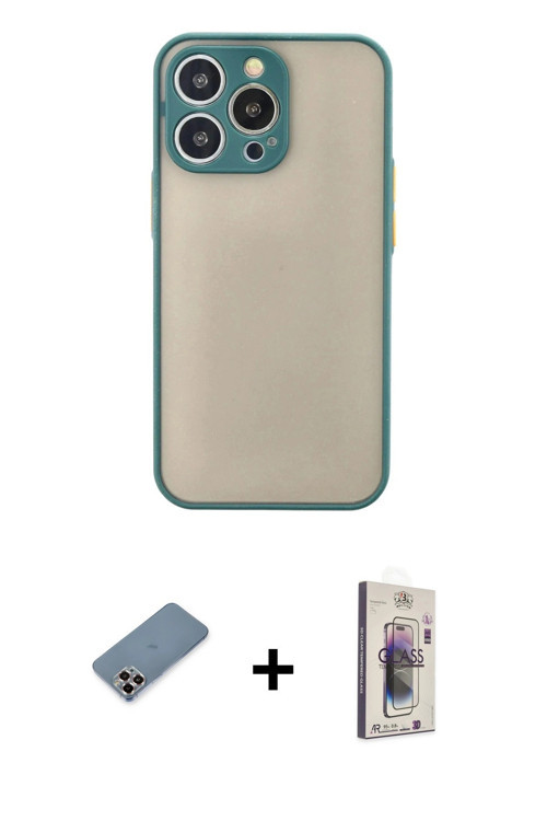 iPhone 13 Pro Max Kılıf Ahenk Çizgi Serisi - Siyah Bilvis 3D Cam Ekran Koruyucu + Mor Metal Kam