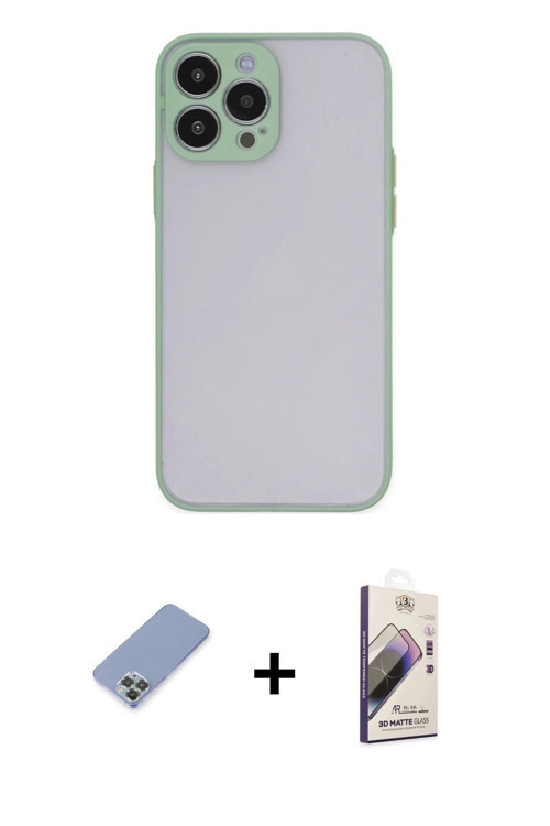 iPhone 13 Pro Max Kılıf Ahenk Çizgi Serisi - Siyah Bilvis 3D Mat Cam Ekran Koruyucu + Koyu Yeşi