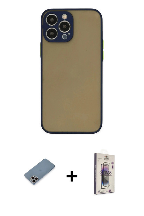 iPhone 13 Pro Max Kılıf Ahenk Çizgi Serisi - Siyah Bilvis 3D Cam Ekran Koruyucu + Mor Metal Kam