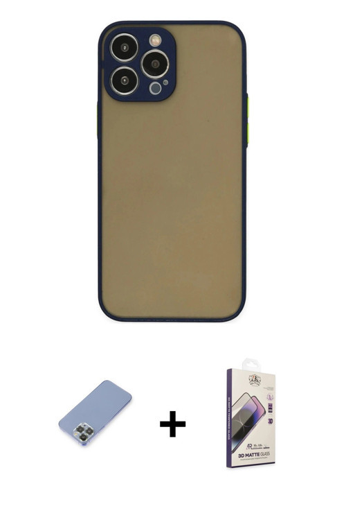 iPhone 13 Pro Max Kılıf Ahenk Çizgi Serisi - Siyah Bilvis 3D Mat Cam Ekran Koruyucu + Koyu Yeşi