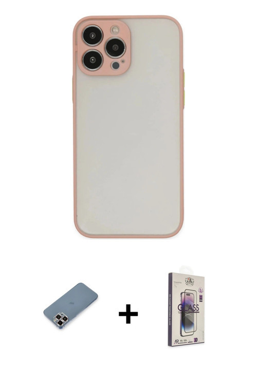 iPhone 13 Pro Max Kılıf Ahenk Çizgi Serisi - Siyah Bilvis 3D Cam Ekran Koruyucu + Mor Metal Kam