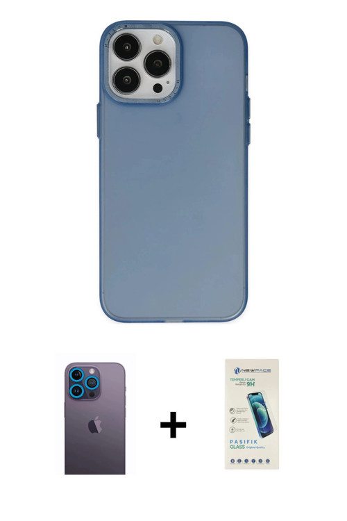 iPhone 13 Pro Max Kılıf Ahenk Çizgi Prime - Şeffaf Pasifik Cam Ekran Koruyucu + Mavi Neon Fosfo