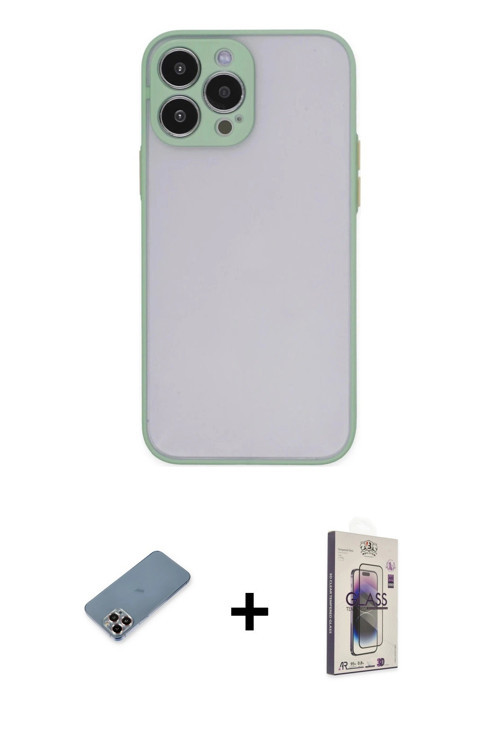 iPhone 13 Pro Max Kılıf Ahenk Çizgi Serisi - Siyah Bilvis 3D Cam Ekran Koruyucu + Mor Metal Kam