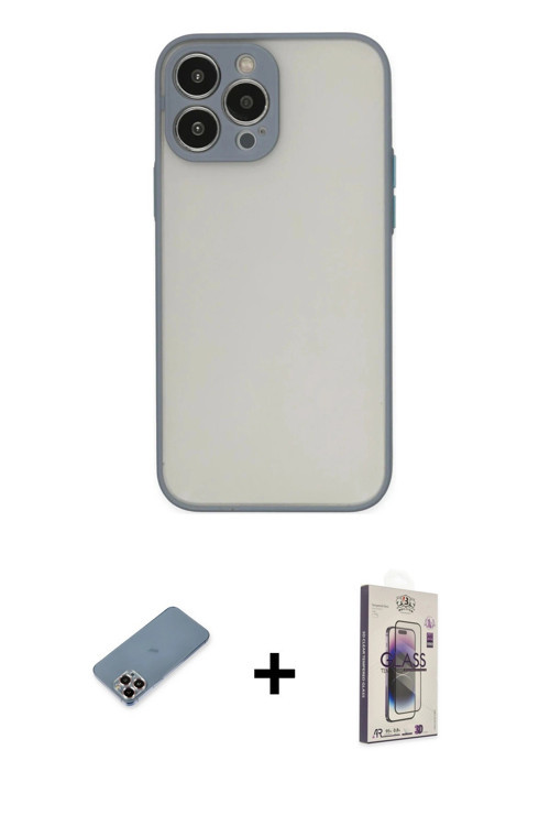 iPhone 13 Pro Max Kılıf Ahenk Çizgi Serisi - Siyah Bilvis 3D Cam Ekran Koruyucu + Mor Metal Kam