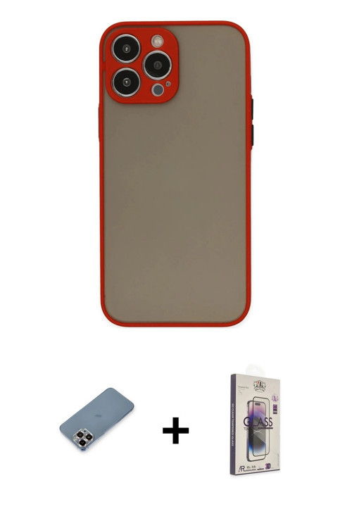 iPhone 13 Pro Max Kılıf Ahenk Çizgi Serisi - Siyah Bilvis 3D Cam Ekran Koruyucu + Mor Metal Kam