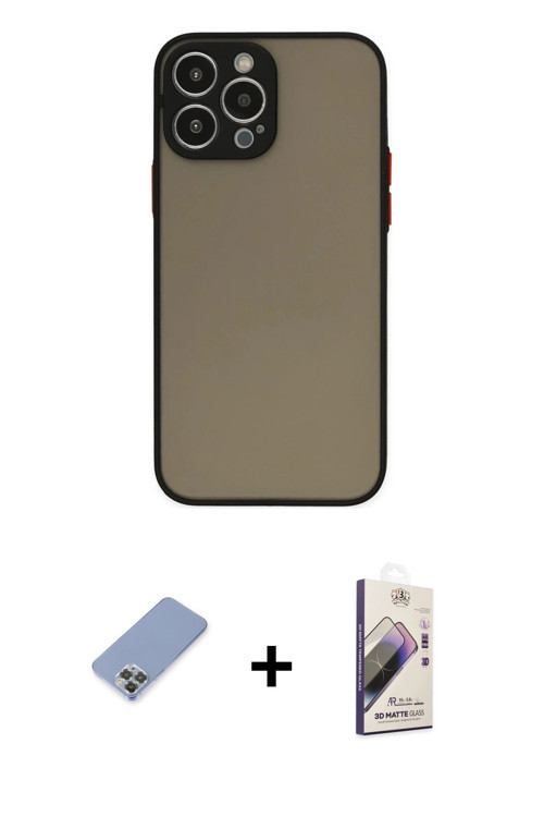 iPhone 13 Pro Max Kılıf Ahenk Çizgi Serisi - Siyah Bilvis 3D Mat Cam Ekran Koruyucu + Koyu Yeşi