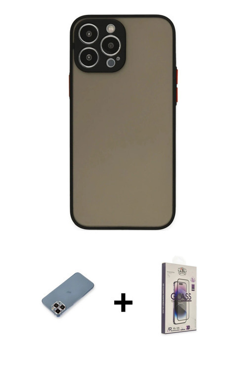 iPhone 13 Pro Max Kılıf Ahenk Çizgi Serisi - Siyah Bilvis 3D Cam Ekran Koruyucu + Mor Metal Kam