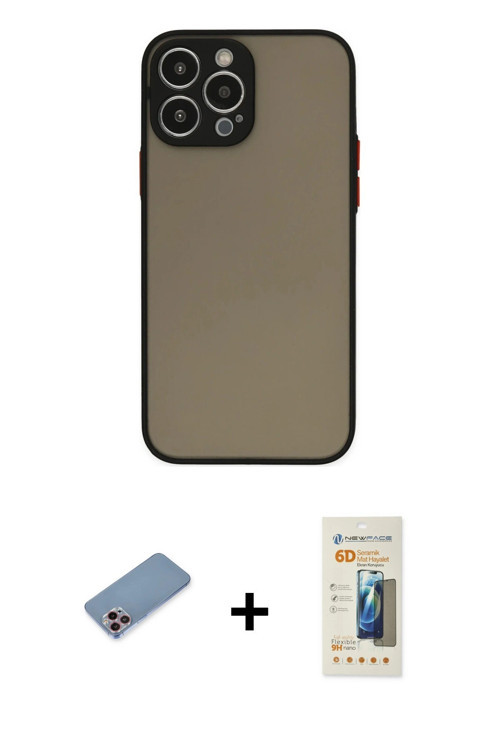 iPhone 13 Pro Max Kılıf Ahenk Çizgi Serisi - Siyah 6D Mat Seramik Hayalet Nano Ekran Koruyucu +