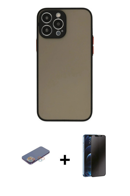 iPhone 13 Pro Max Kılıf Ahenk Çizgi Serisi - Siyah 3D Antistatik Hayalet Cam Ekran Koruyucu + P