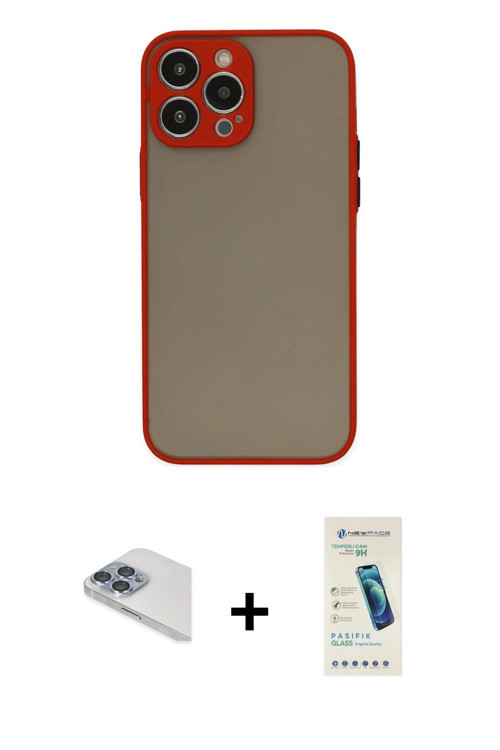 iPhone 13 Pro Max Kılıf Ahenk Çizgi Serisi - Şeffaf Pasifik Cam Ekran Koruyucu + Sierra Blue Pe